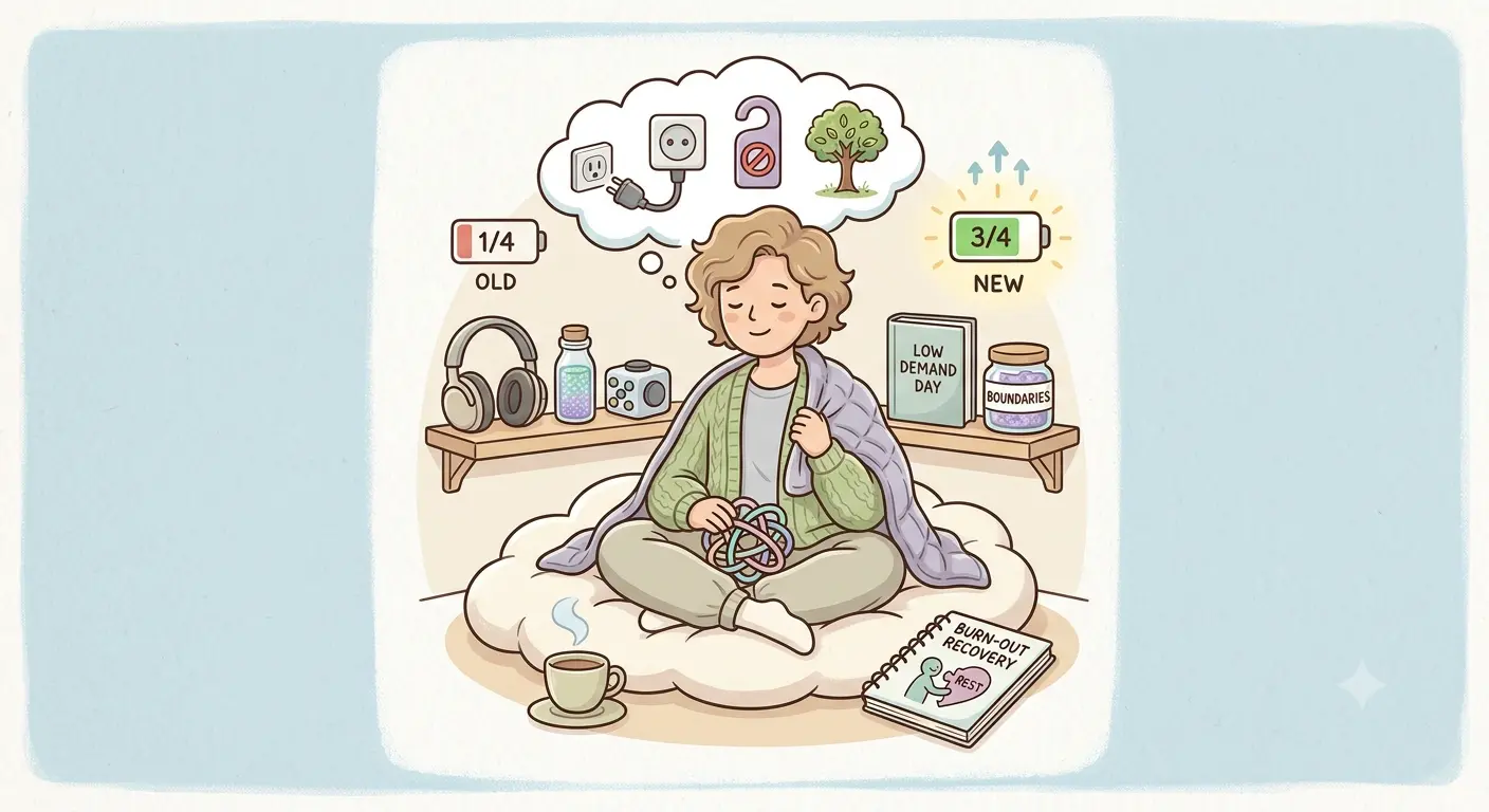 Illustration of a person wrapped in a blanket on a cushion with ear defenders, fidget toys and a low demand day book, and a battery rising from one quarter to three quarters