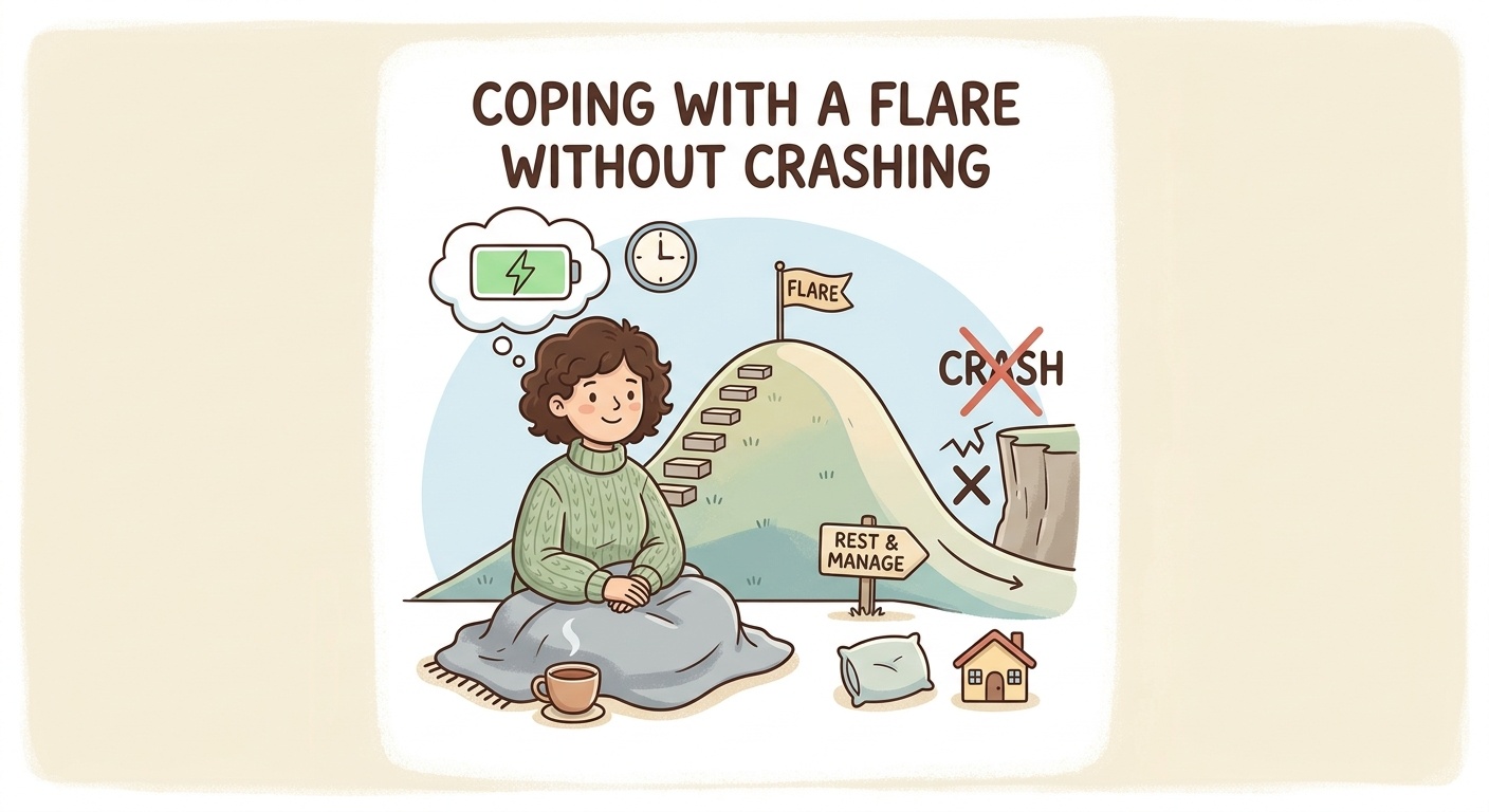 A person wrapped in a blanket resting on the floor, with a stepped path from flare to rest-and-manage and a crossed-out crash cliff