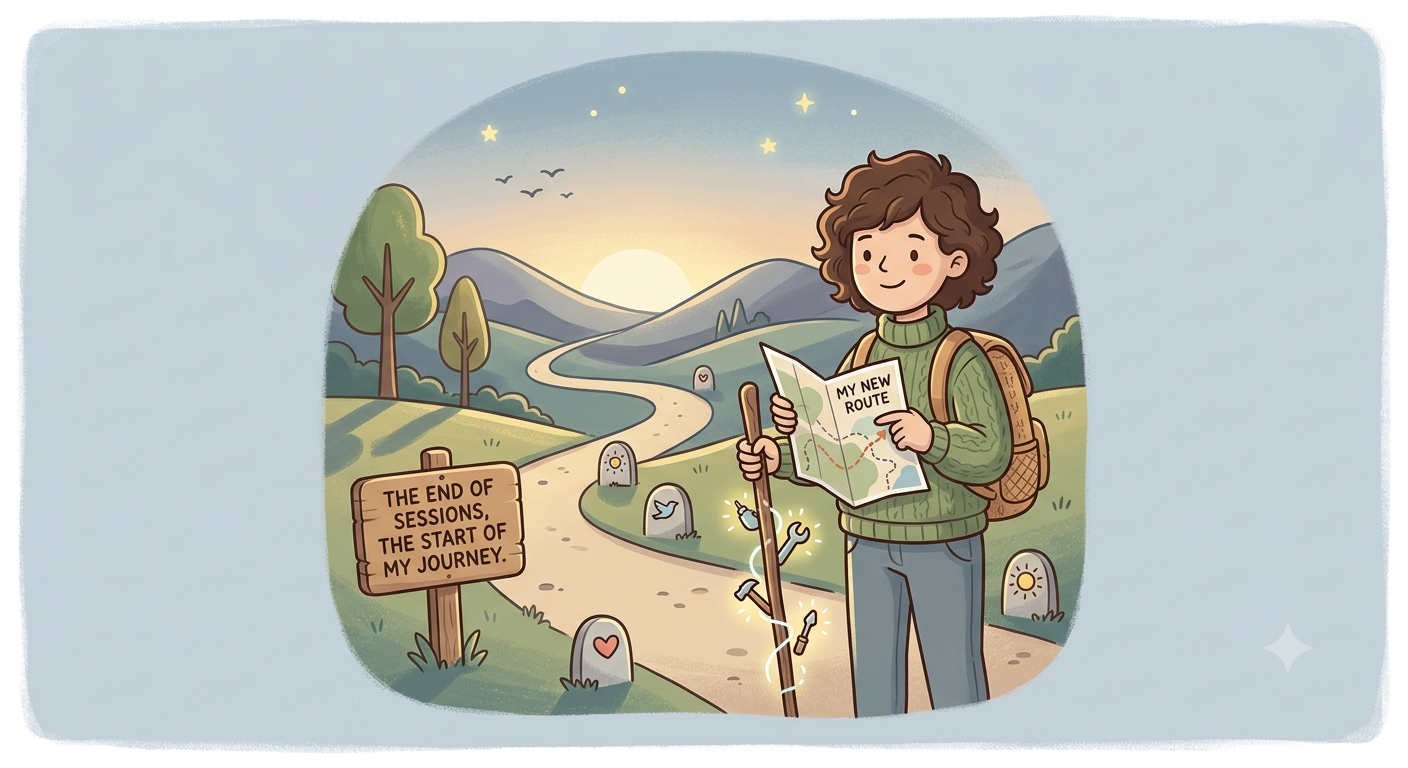 Illustration of a person holding a map marked my new route at a signpost reading the end of sessions, the start of my journey, looking out over a winding path at sunrise
