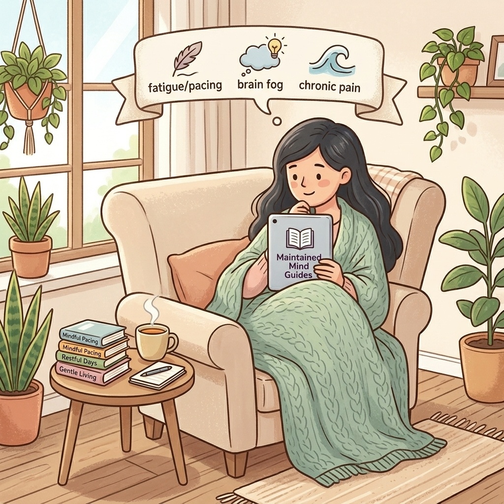Illustration of a person relaxing with a tablet showing Maintained Mind Guides, with gentle icons for fatigue, brain fog and chronic pain.