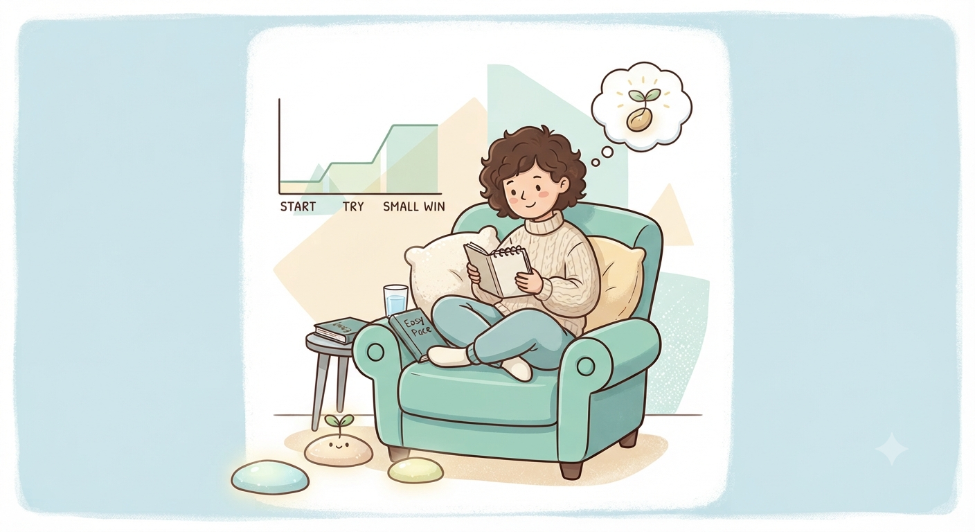 Illustration of a person writing calmly in a notebook beside a small step chart moving from start to a small win