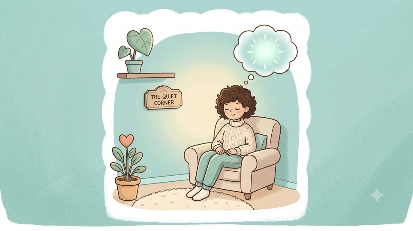 A person resting quietly in a comfortable chair in a softly lit room with a 'The Quiet Corner' sign and calming plants.