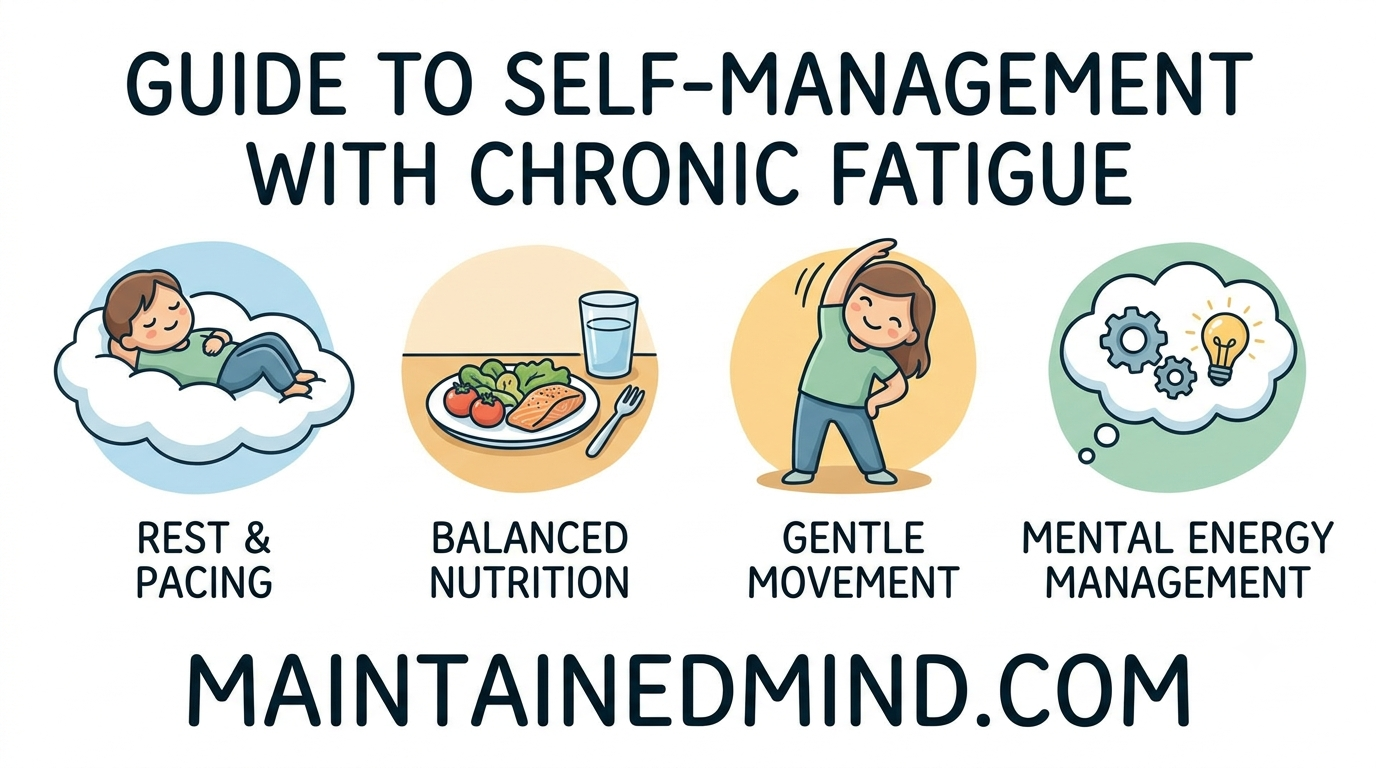 Illustration of four self-management basics for chronic fatigue: rest and pacing, balanced nutrition, gentle movement and mental energy management