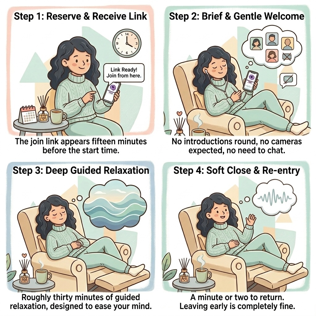 Four steps of a live relaxation session: reserve and receive the join link, a brief camera-optional welcome, roughly thirty minutes of guided relaxation, and a soft close where leaving early is fine
