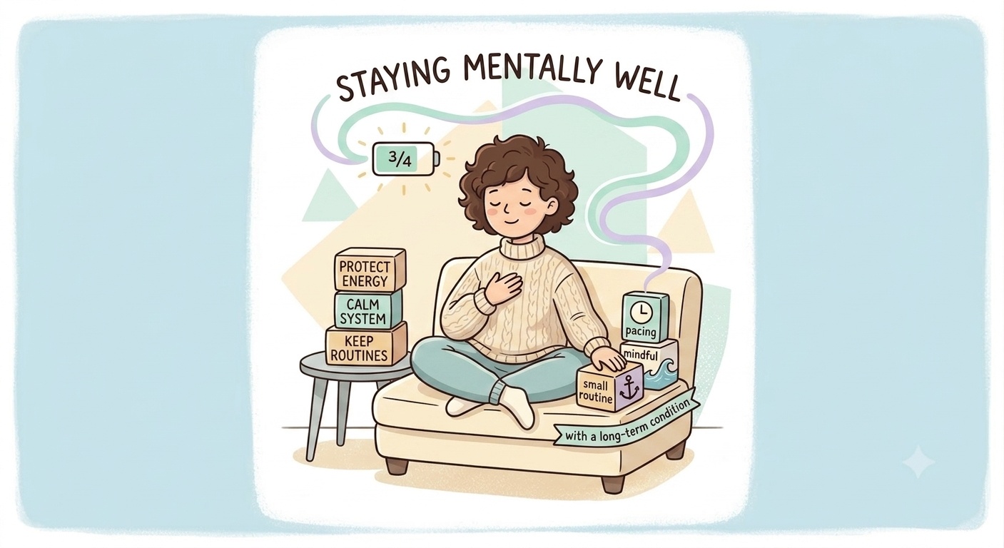 A person sitting calmly on a sofa with building blocks labelled protect energy, calm system and keep routines