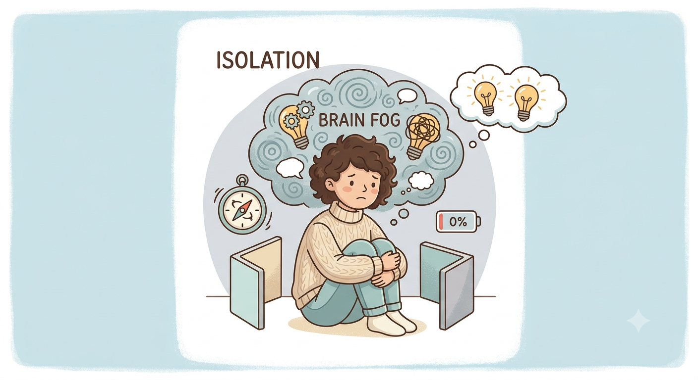 Illustration of a person sitting alone with a heavy brain fog cloud overhead, a 0% battery and a doorway marking the quiet gap after therapy ends