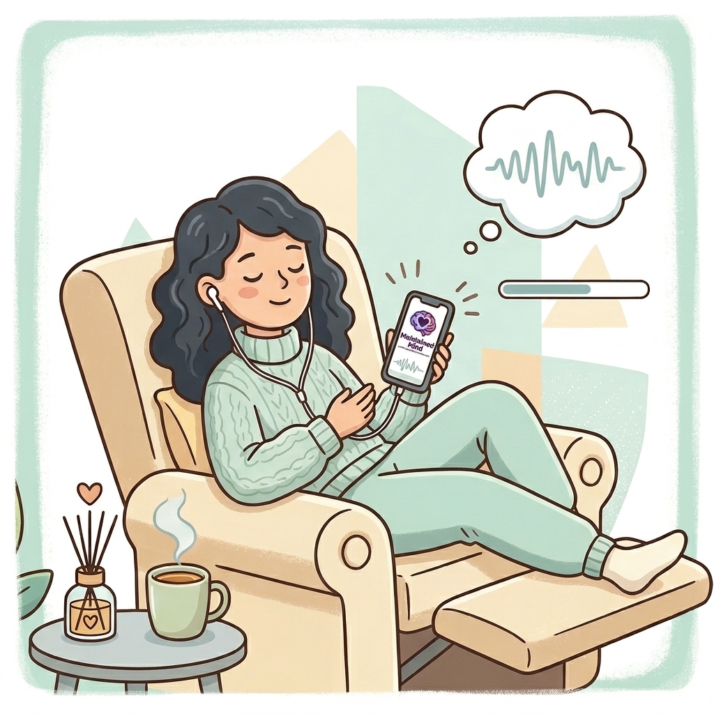 Person resting in an armchair with earphones in, listening to a live guided relaxation on their phone beside a warm drink