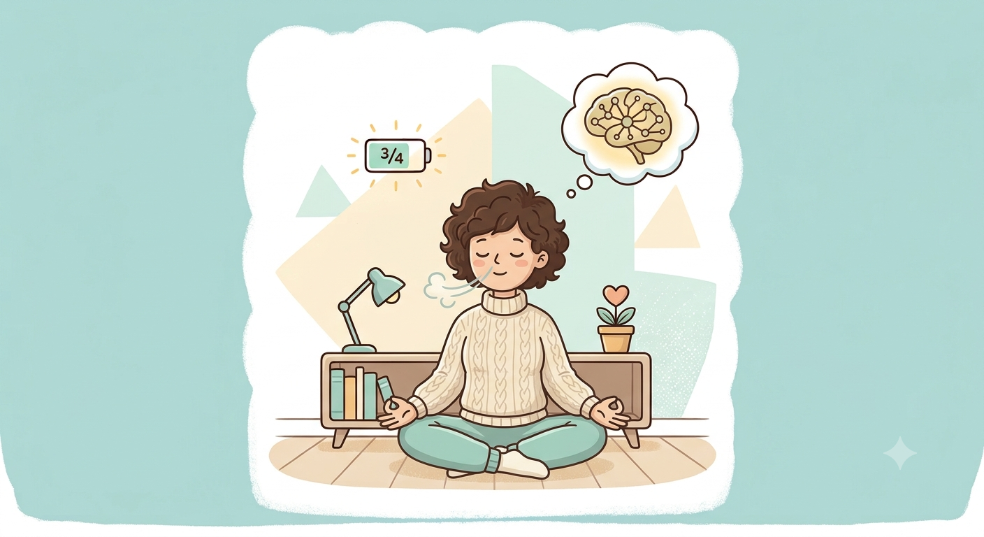 Illustration of a person meditating peacefully at home, with a half-full battery icon and a thought bubble showing a calm brain network