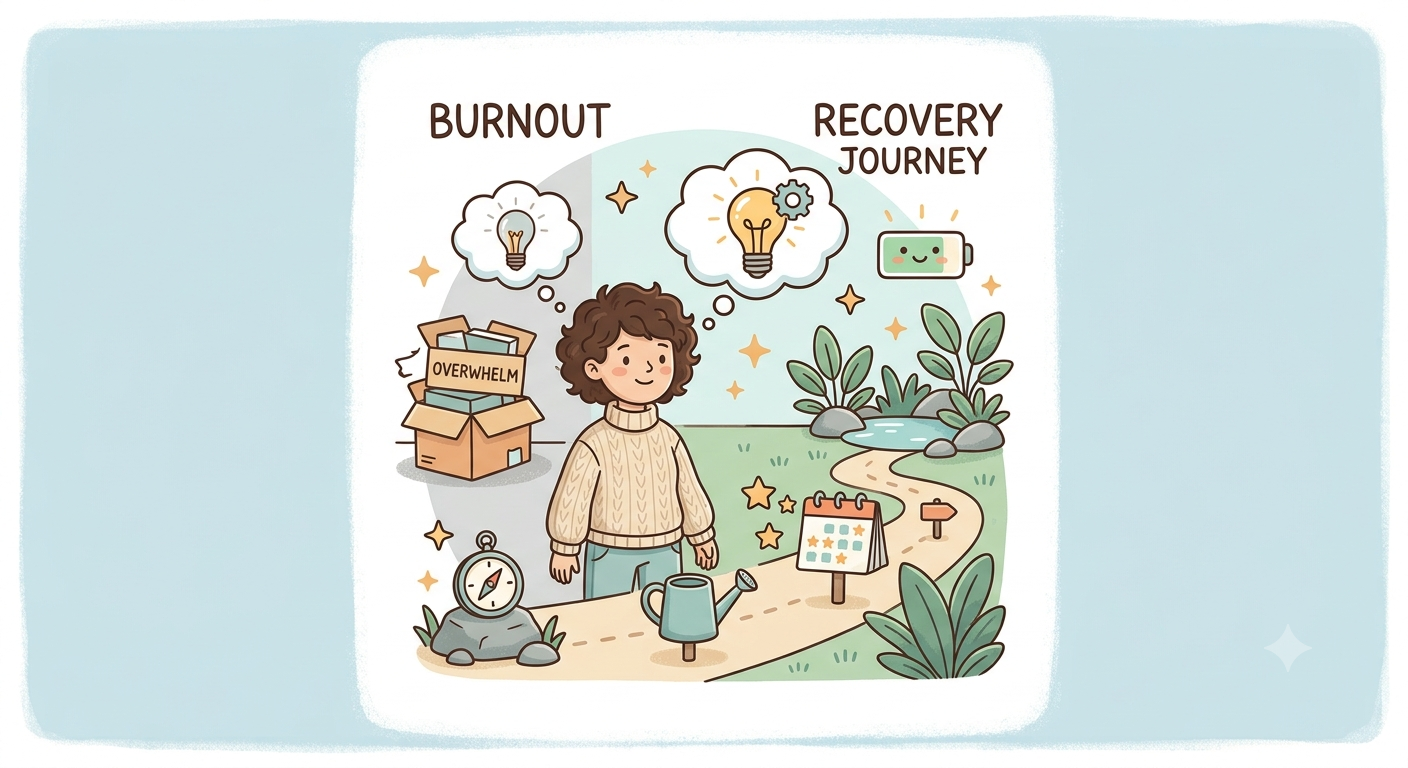Illustration of a burnout recovery journey: a person moving from an overwhelming grey space onto a calm green path with a watering can and calendar