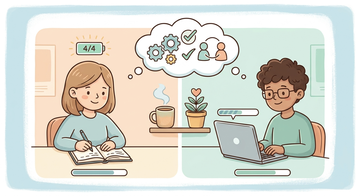 Illustration of two people working quietly side by side in separate spaces, connected by a shared thought cloud