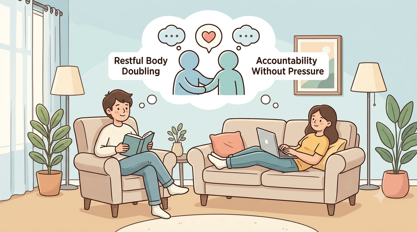 Illustration of two people relaxing in the same living room, one reading and one on a laptop, with a shared thought bubble reading restful body doubling and accountability without pressure