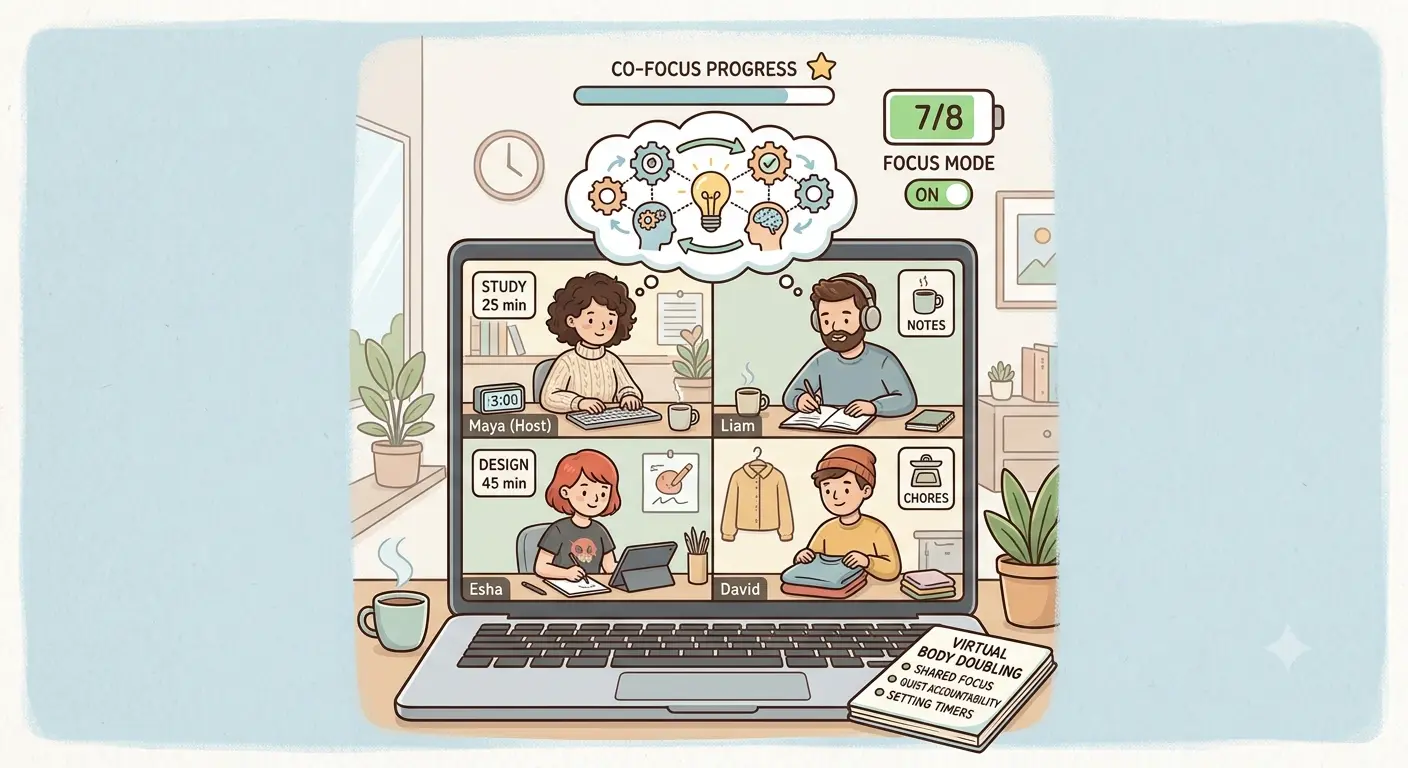 Illustration of a laptop showing a four-person virtual body doubling session, each person quietly working on their own task with a shared focus progress bar