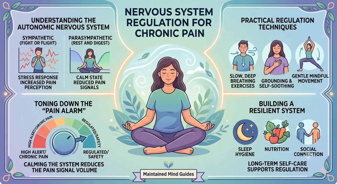 Infographic on nervous system regulation for chronic pain: sympathetic versus parasympathetic states, a pain alarm dial turning down, breathing and grounding techniques, and sleep, nutrition and connection