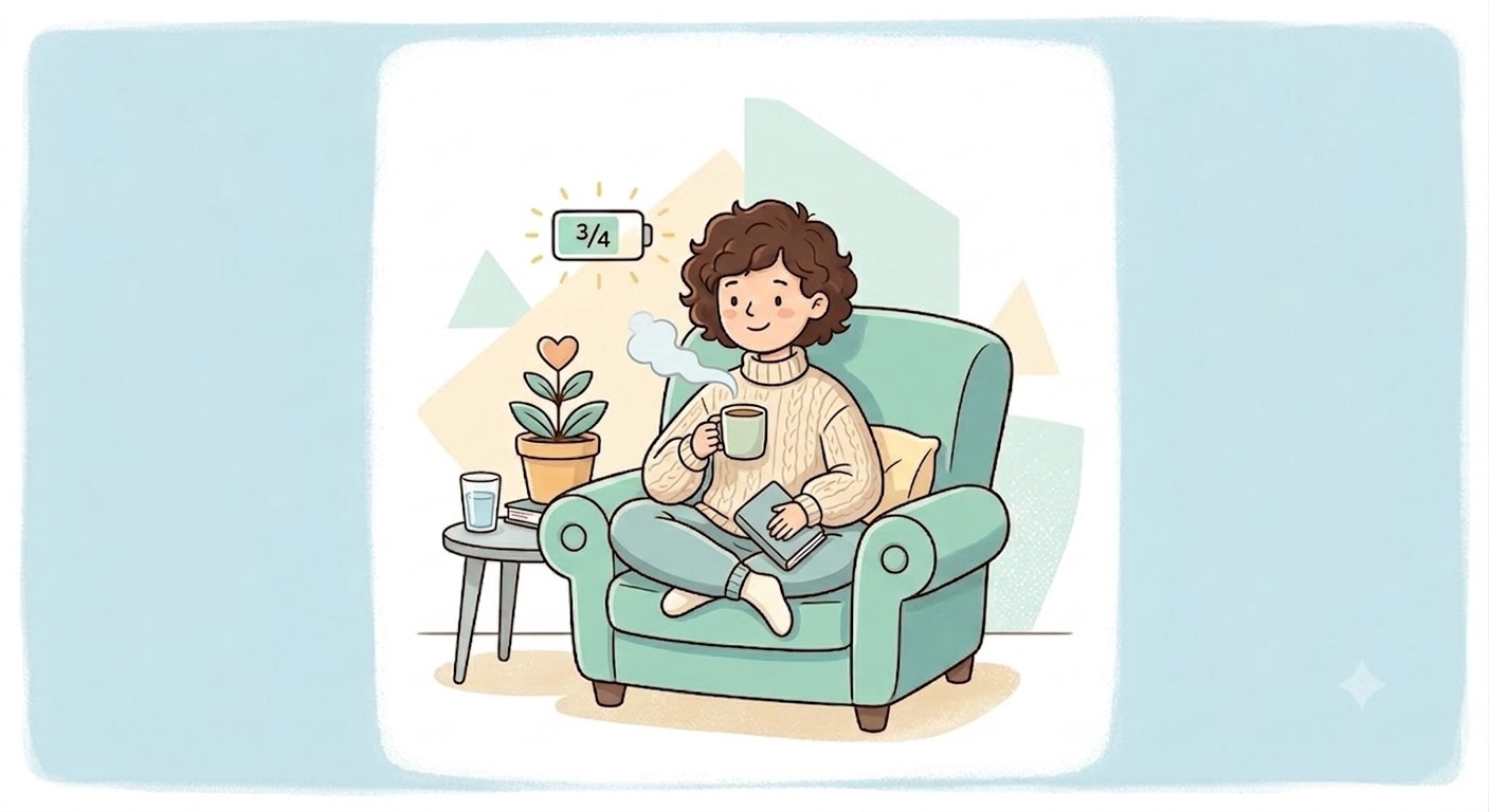 A person relaxing in a soft armchair with a warm drink, a small plant and a half-full battery symbol