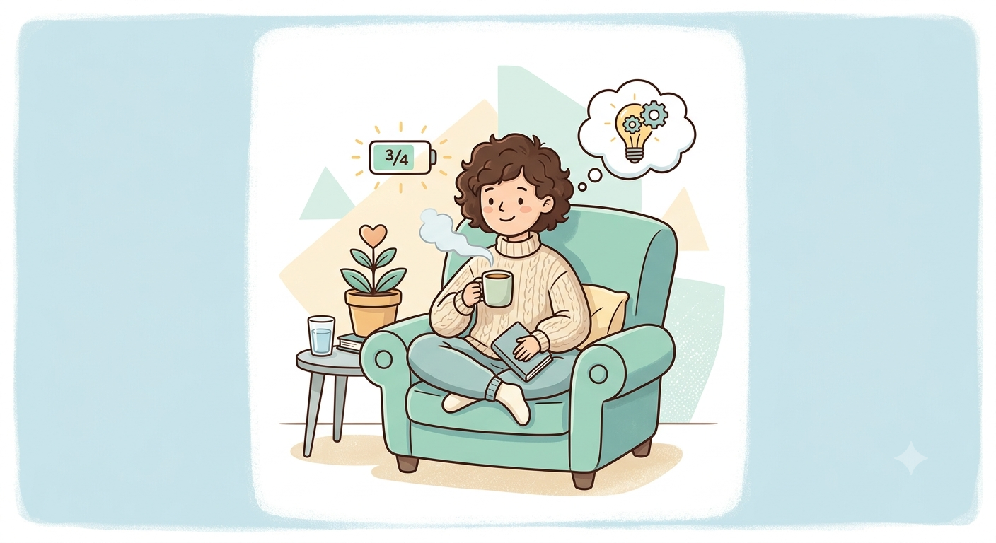 Illustration of a person resting in an armchair with a warm drink and a book, energy shown as a three-quarter-full battery