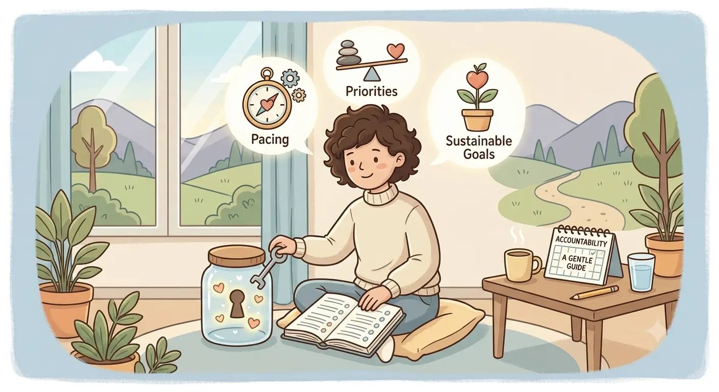Illustration of a person reading a gentle accountability guide beside a jar of hearts, with thought bubbles for pacing, priorities and sustainable goals