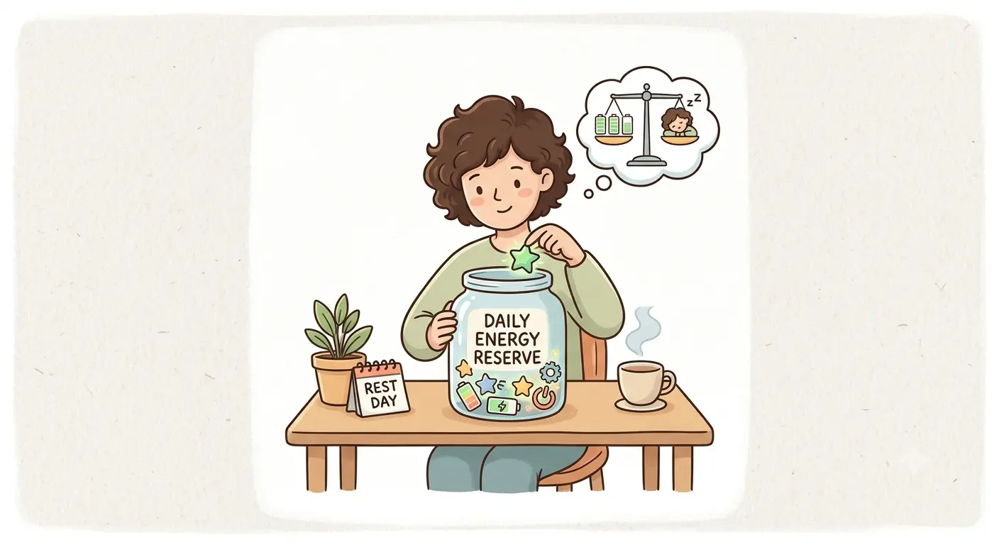 Illustration of a person at a table adding a star to a jar labelled daily energy reserve, with a rest day calendar and a thought bubble balancing energy against rest
