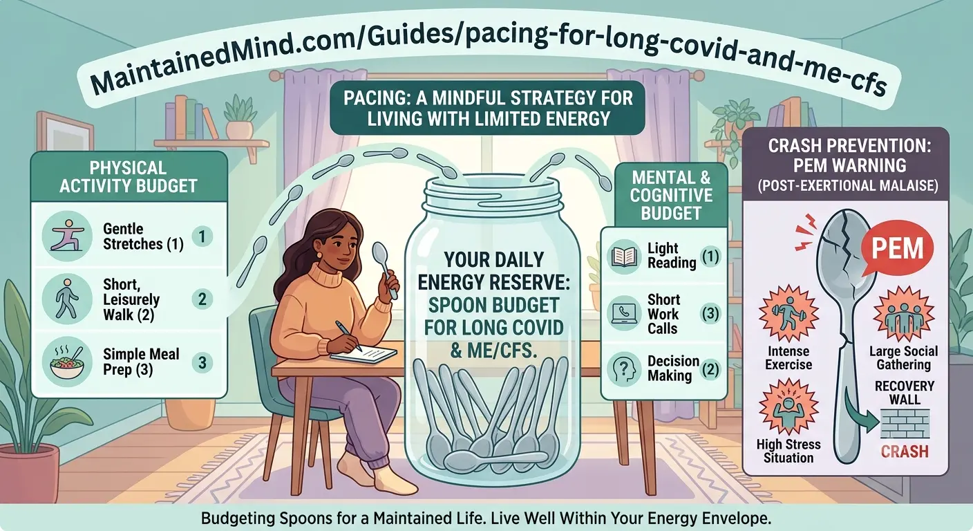 Infographic of a spoon-theory energy budget for Long Covid and ME/CFS, splitting daily spoons between physical and cognitive activity with a warning about post-exertional malaise