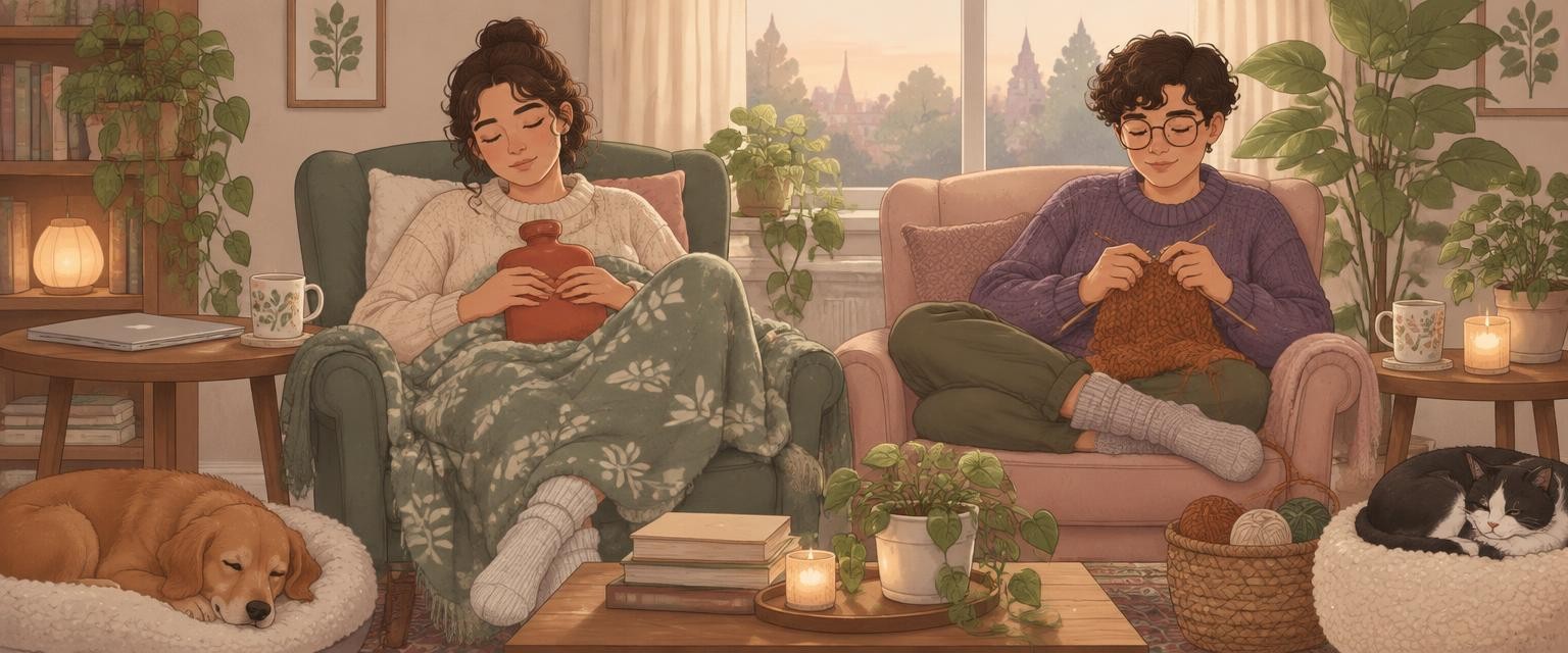 Two people resting side by side in armchairs, one with a hot water bottle and blanket, the other quietly knitting, in soft warm light