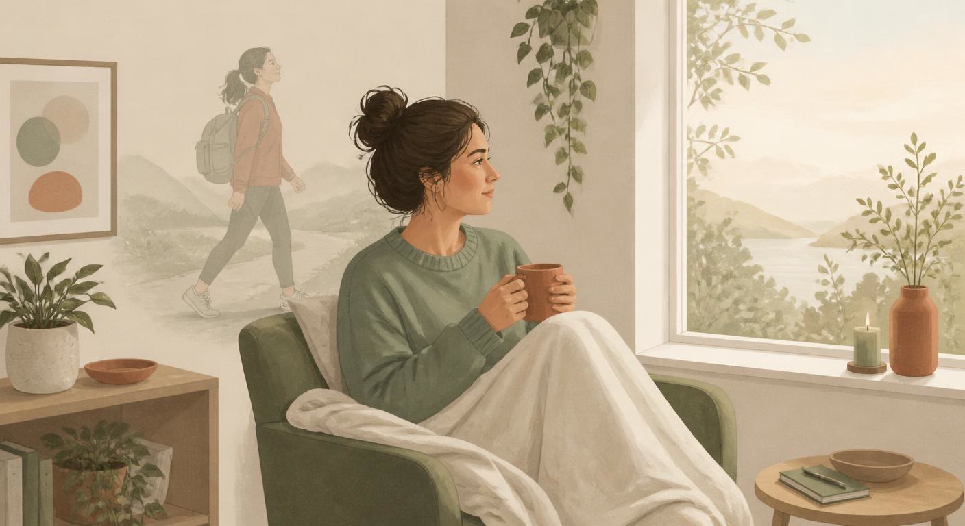 A person resting in an armchair with a blanket and mug, with a faint image of their earlier, more active self in the background