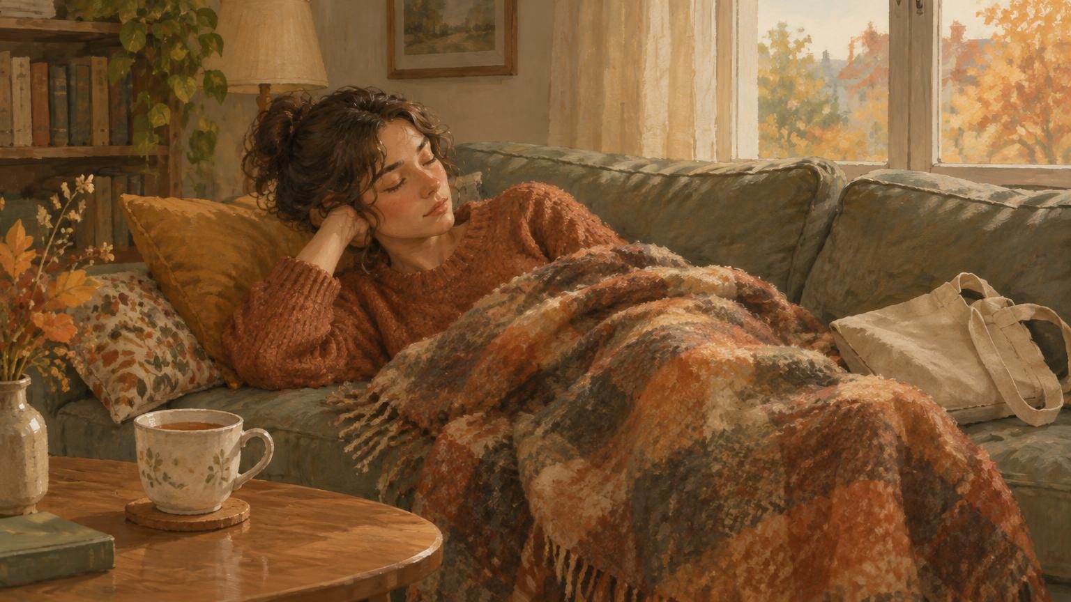 A person resting on a sofa under a warm blanket with a cup of tea, the afternoon after a busy day