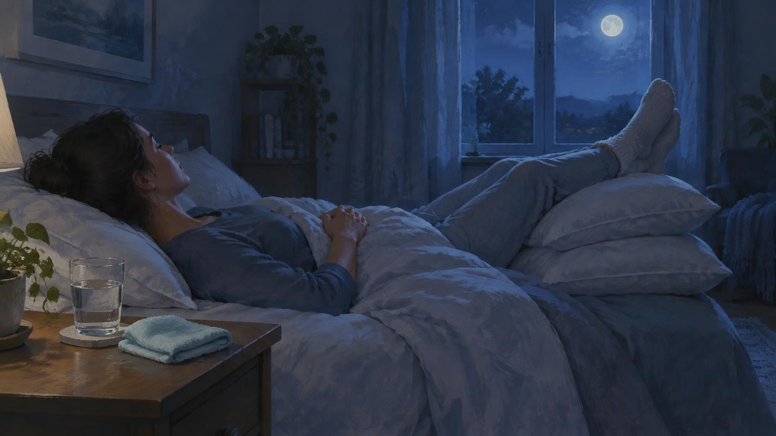 A person lying in bed at night with legs raised on pillows, a glass of water and a cool cloth on the bedside table