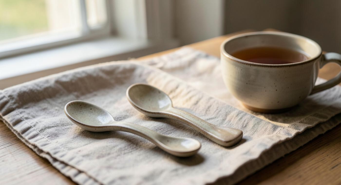 Two ceramic spoons resting on a linen cloth beside a cup of tea, soft morning light