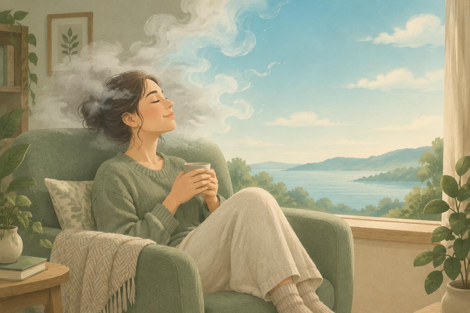 A woman resting in a cosy armchair by a window as soft mist around her head gently clears into calm open sky